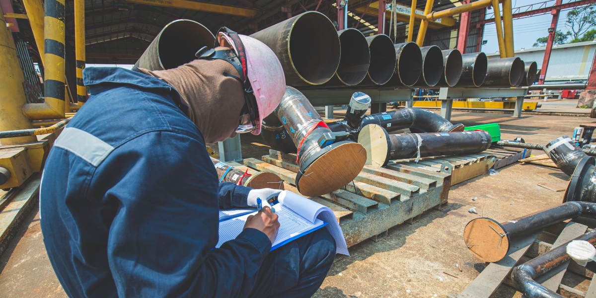 Oil and gas worker with hard hat inspecting equipment for standards | PES